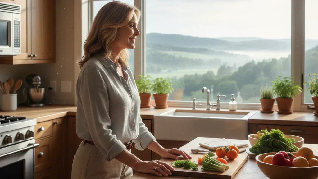 Woman looking into the distance from her kitchen