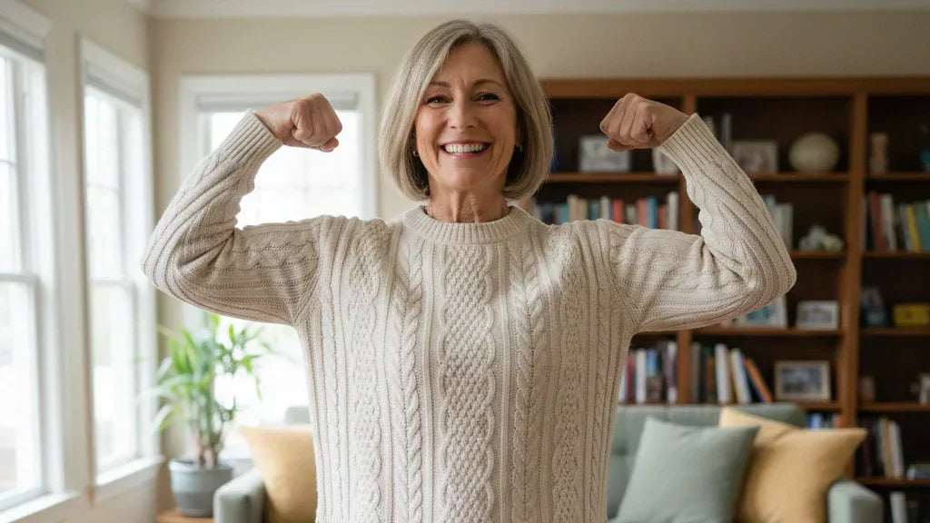 Middle-aged woman smiling, flexing in her living room